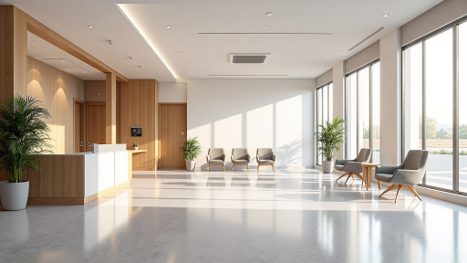 医院现代化门诊大厅，宽敞明亮，电子显示屏显示就诊信息，患者有序排队